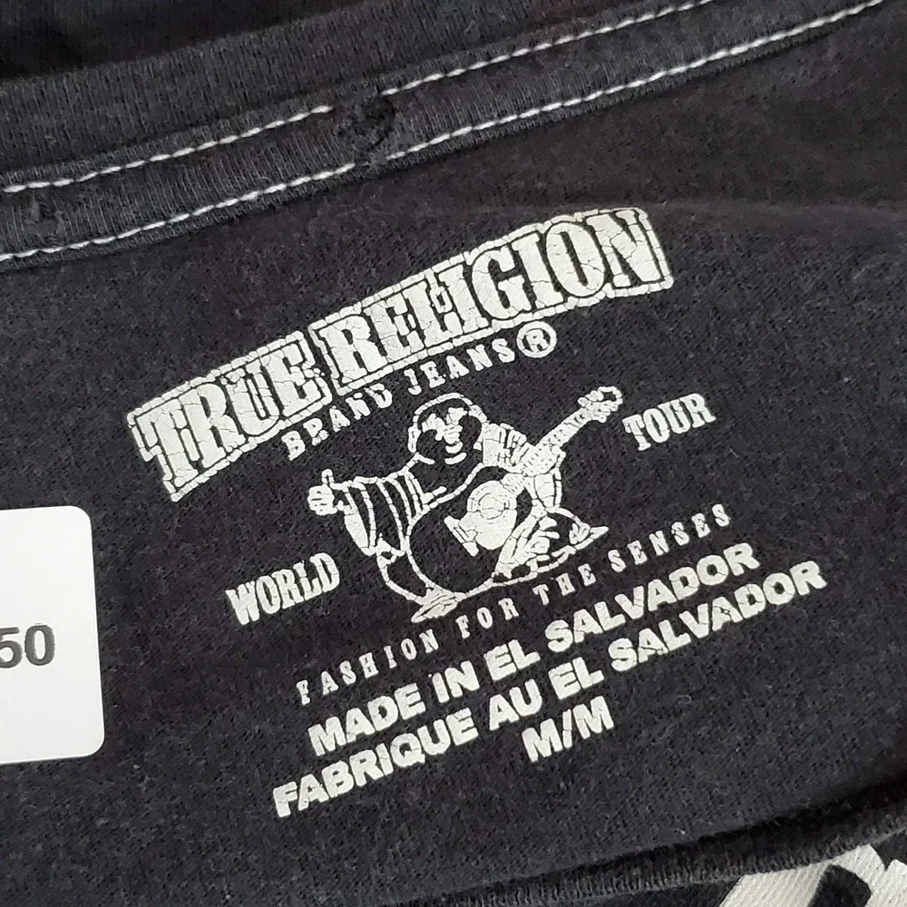 True Religion Men Shirt M/M Black Graphic Guitar Buddha Logo Short Sleeve